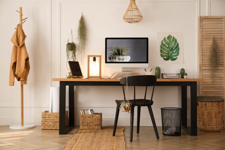 home office with black and wooden interiors