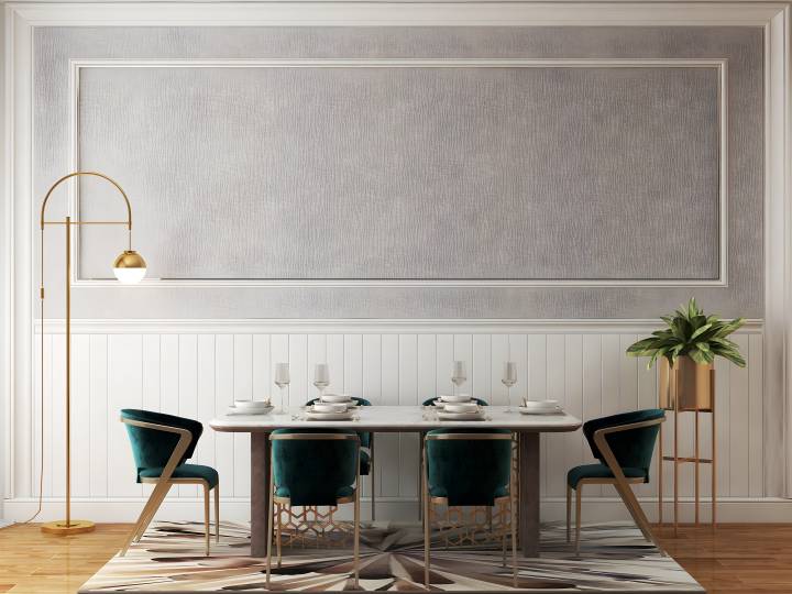 Classic dining room mockup with grey white wall, luxury green dining set, and gold lamp.