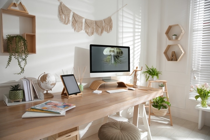 stylish home office with wooden interiors