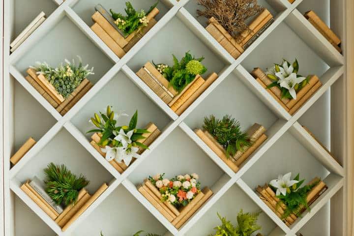 modern diagonal shelves with plant decor