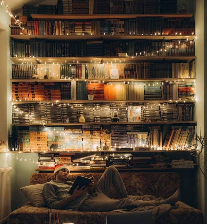 fairy lights on bookshelf