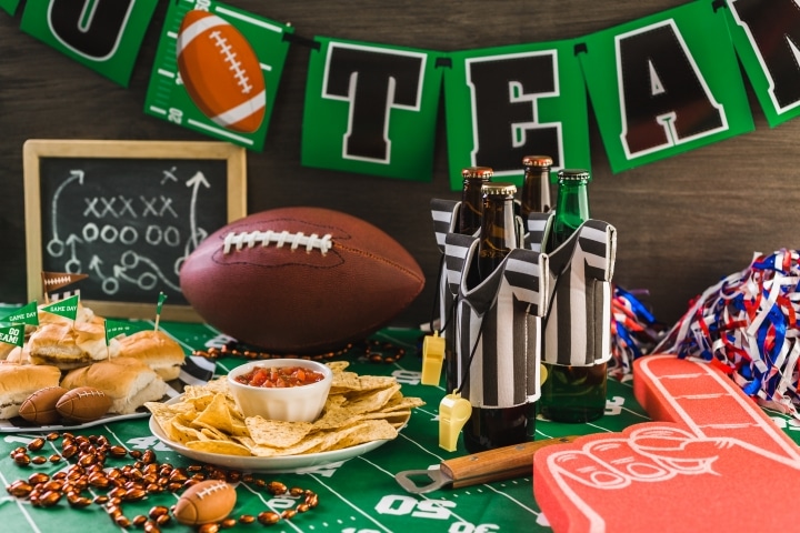 football-themed decorations and snacks for a super bowl party