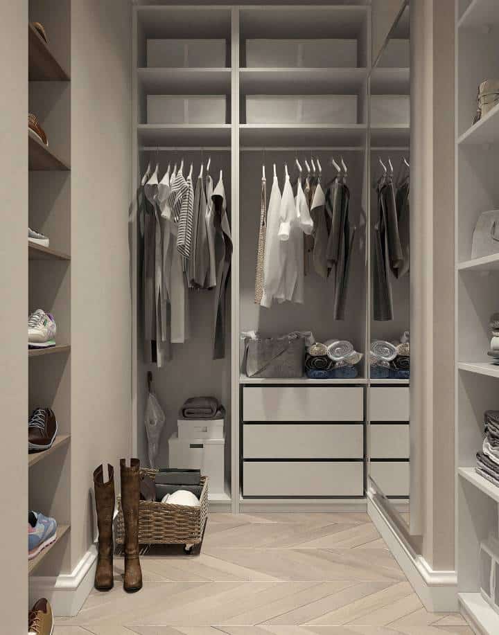 closet with matching storage boxes