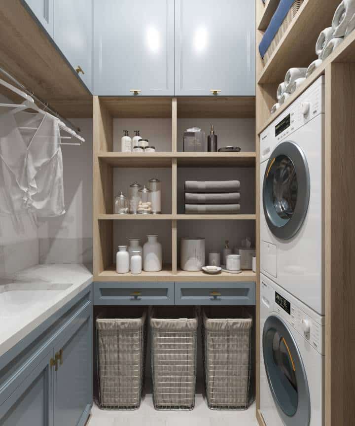 narrow yet organised laundry space