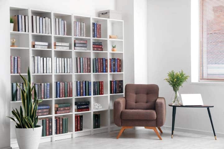 white book shelves side by side