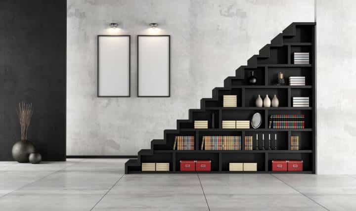 modern staircase with bookshelf underneath