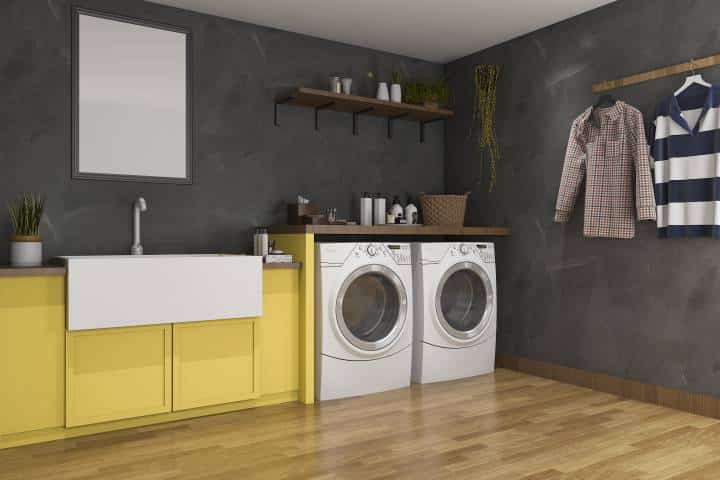 laundry room with a pop of yellow paint