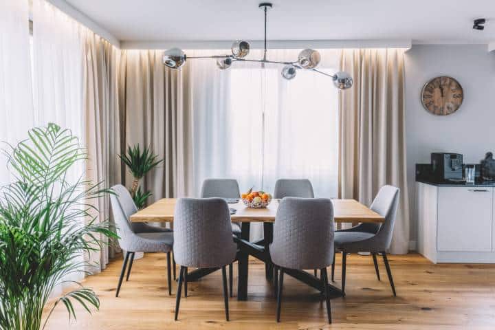 bubble-style overhead lighting in the dining room