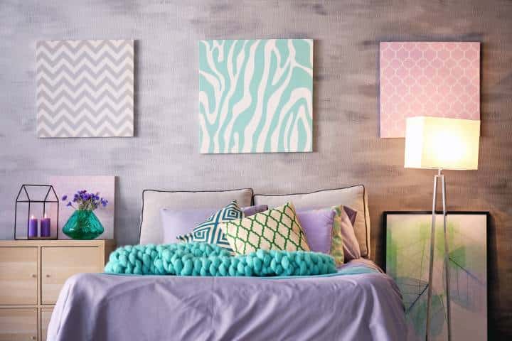 Lilac, mint green, and blush pink accents in the bedroom