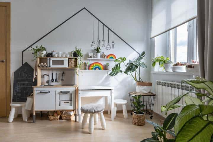 Plushy cushioned stools in stylish playroom