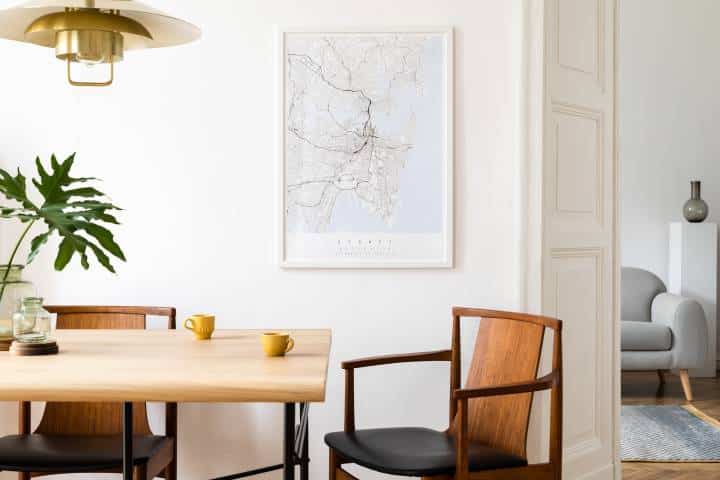 Stylish dining room with golden lighting