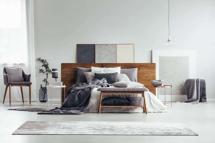 Grey and white bedroom interior 