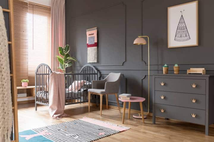 bedroom with gray walls and pink furniture