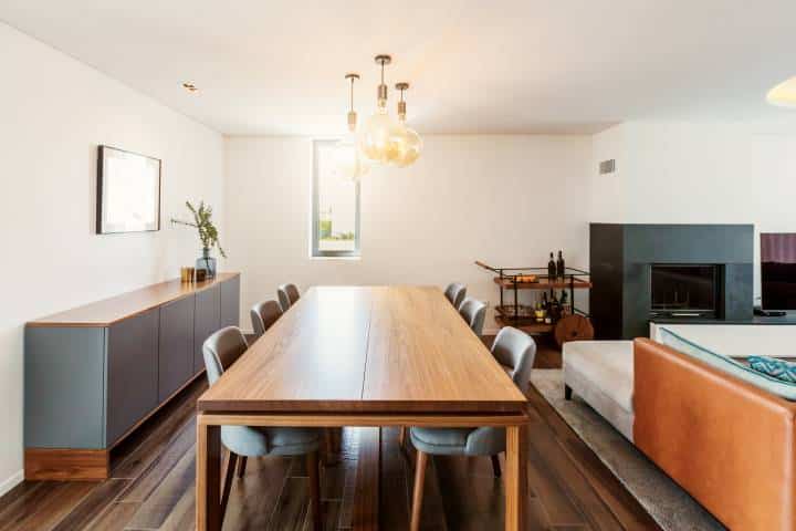 large filament overhead lighting in the dining room