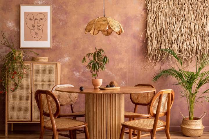 Boho vintage dining room interior with rattan pendant