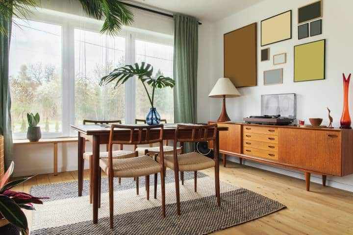 minimalist scandinavian dining room with elegant lighting