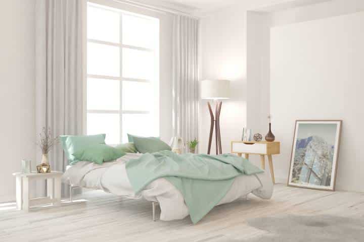 Stylish bedroom in white and seafoam color