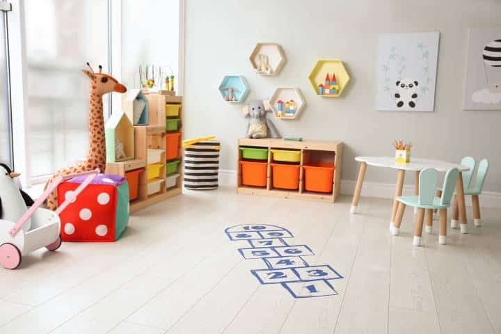 Blue hopscotch floor sticker in playing room