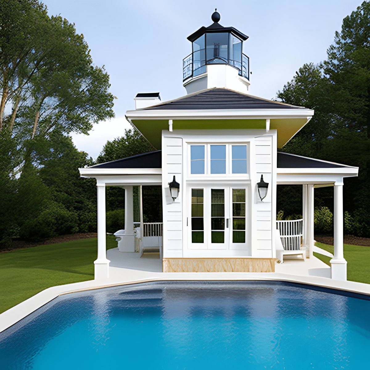white pool house in the style of a lighthouse tower