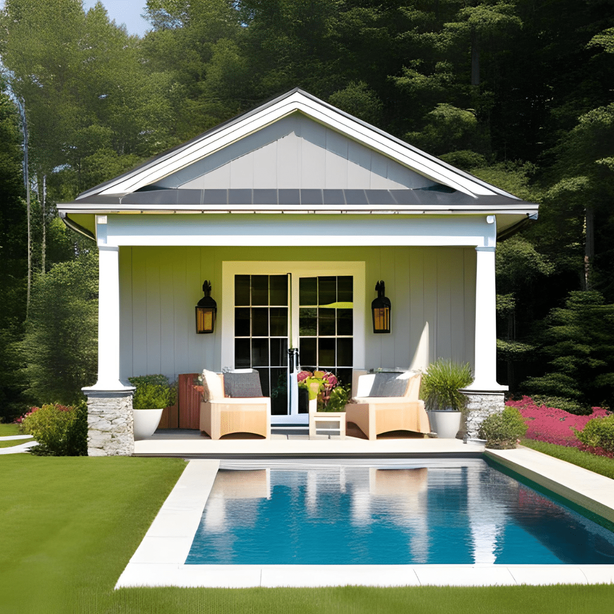 white pool house with stone detailing and a poolside terrace