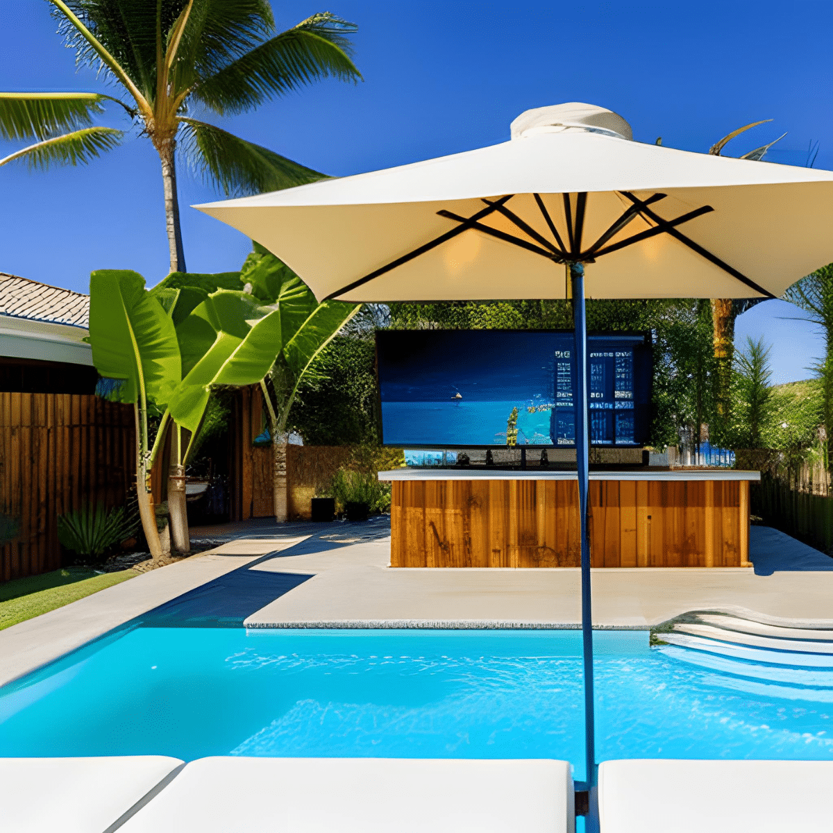 surf shack-style bar and flat-screen TV near pool with pool-side umbrella