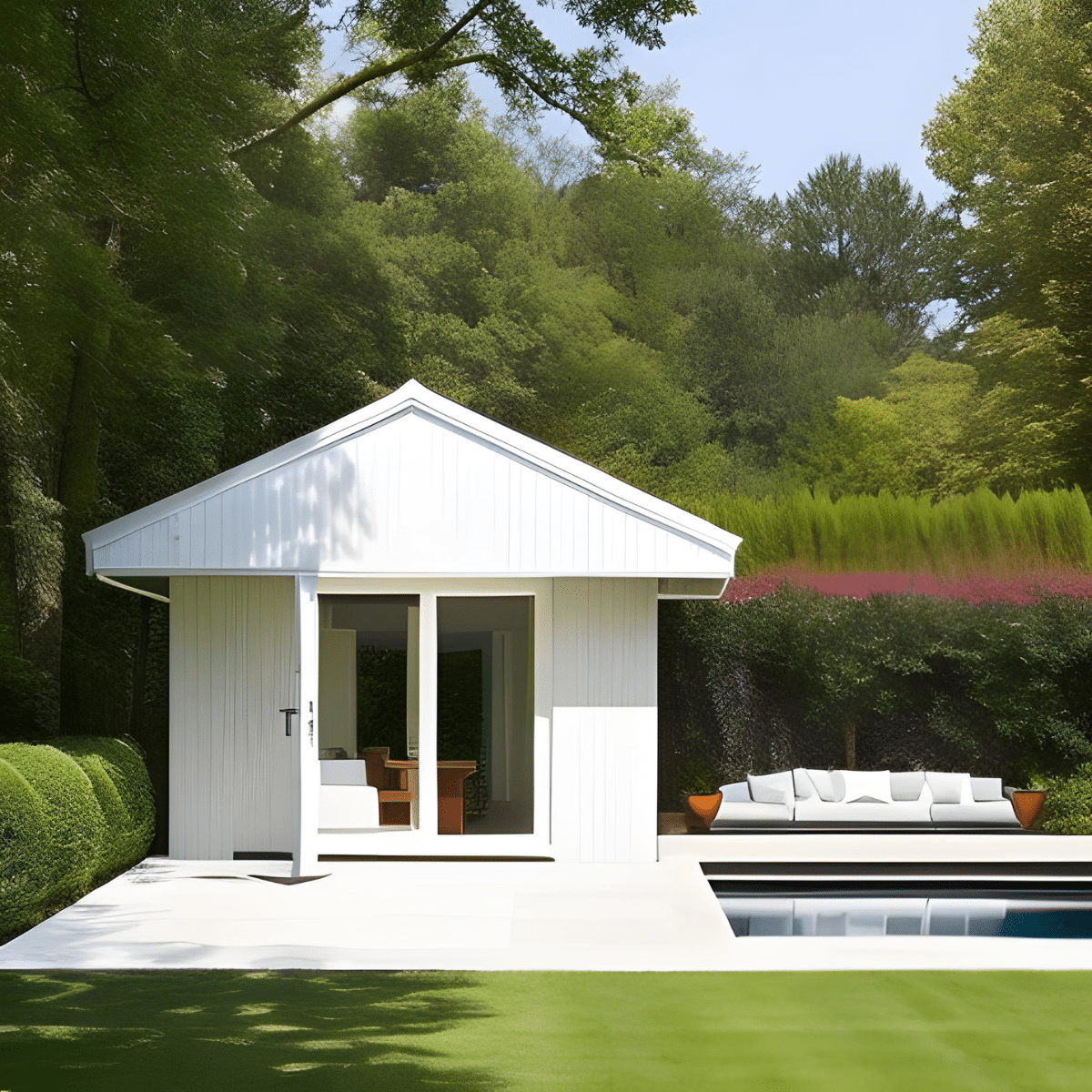 white pool house and white sofa next to a pool