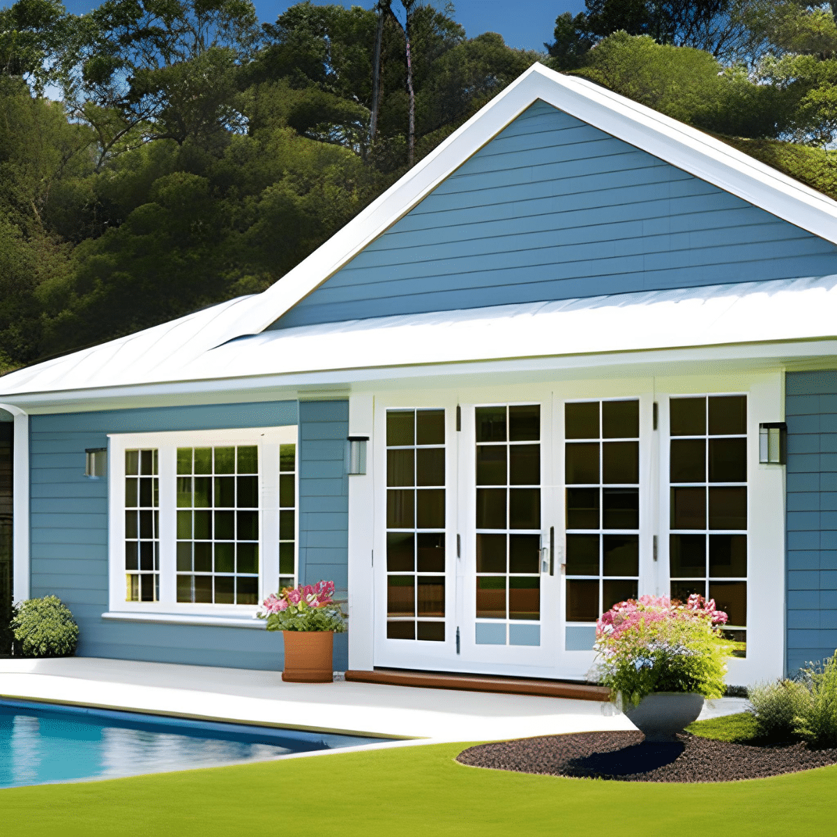 blue Hamptons style pool house with white details and French doors