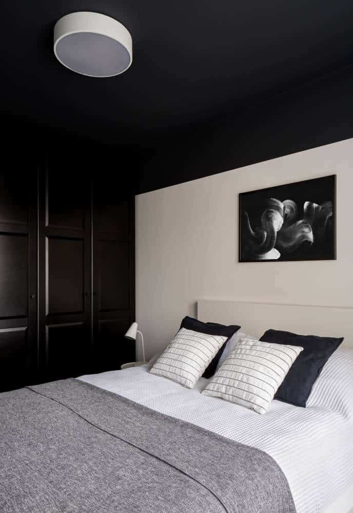 black and white modern bedroom with big bed and black ceiling and black wardrobe