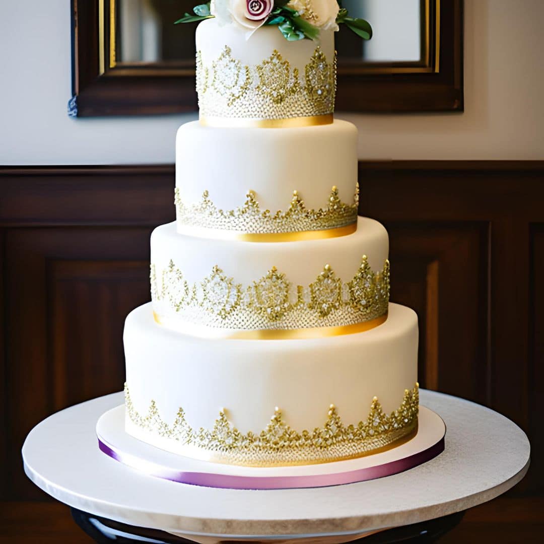 wedding cake with elaborate gold detailing