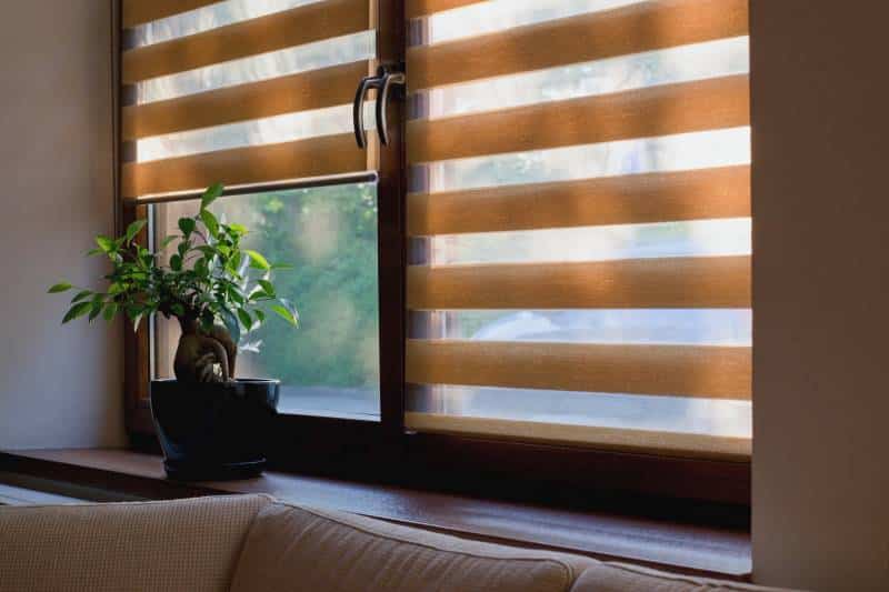 Window fabric roller blinds, duo system for day and night. Morning light shining through the window