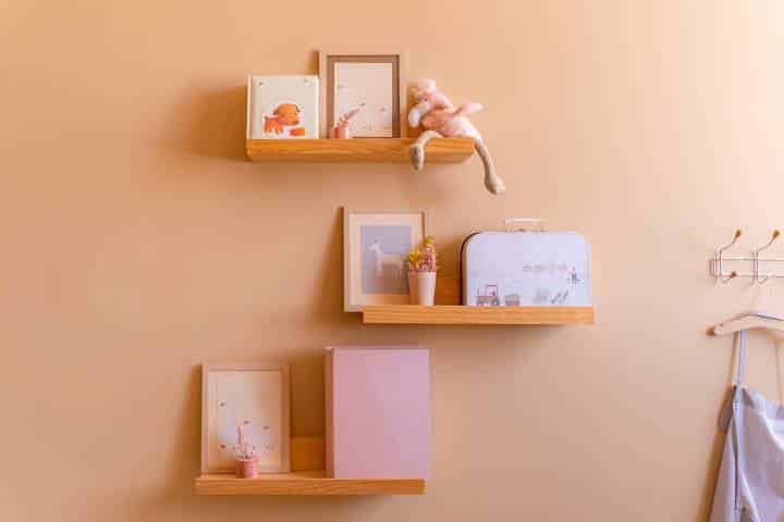 Kids room decor, wooden floating shelves