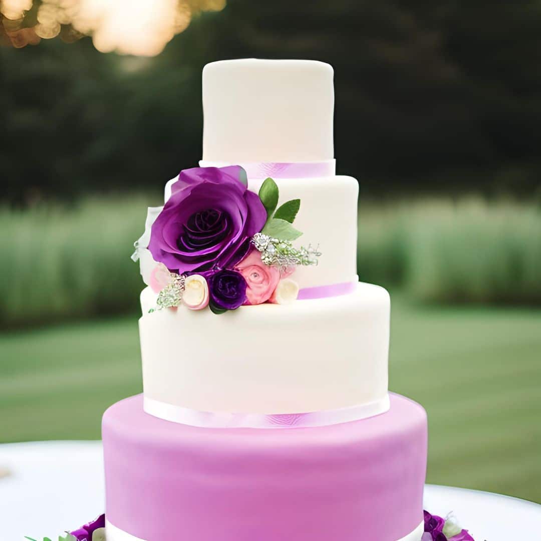 wedding cake with purple flower detail