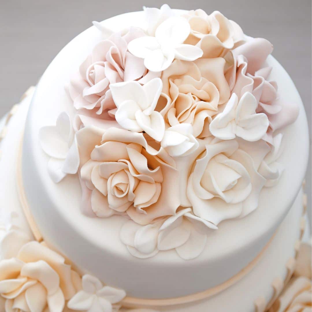 top view of a wedding cake with flower fondant detail