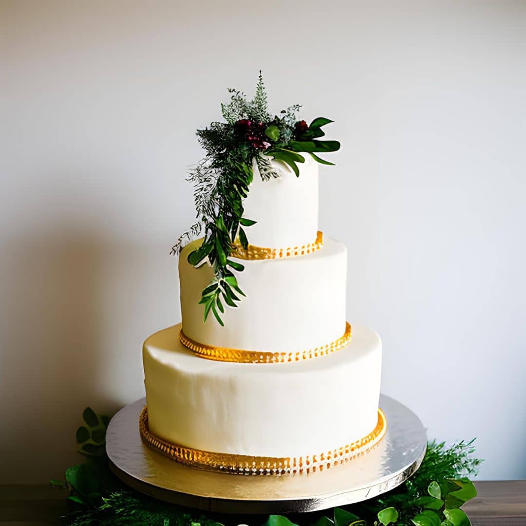 wedding cake with a lively foliage topper