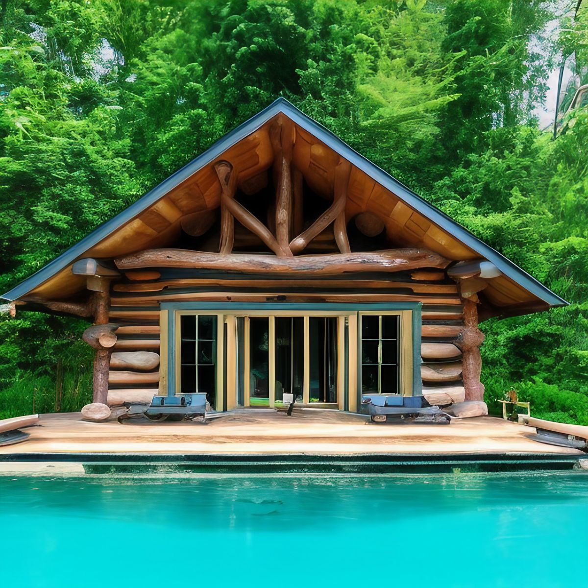 Log pool house with greenery in background