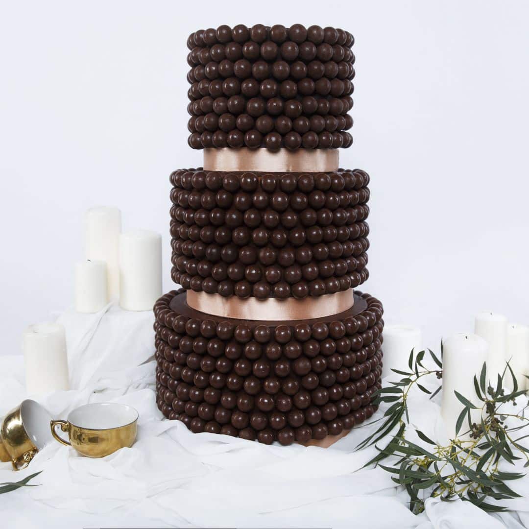 brown pearl-covered wedding cake