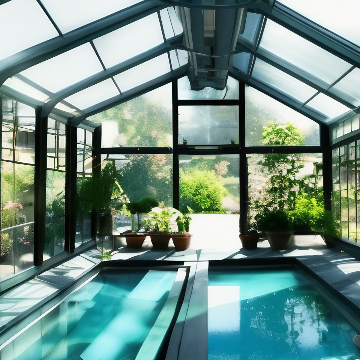 Pool house in the style of a greenhouse with light shining through the ceiling 