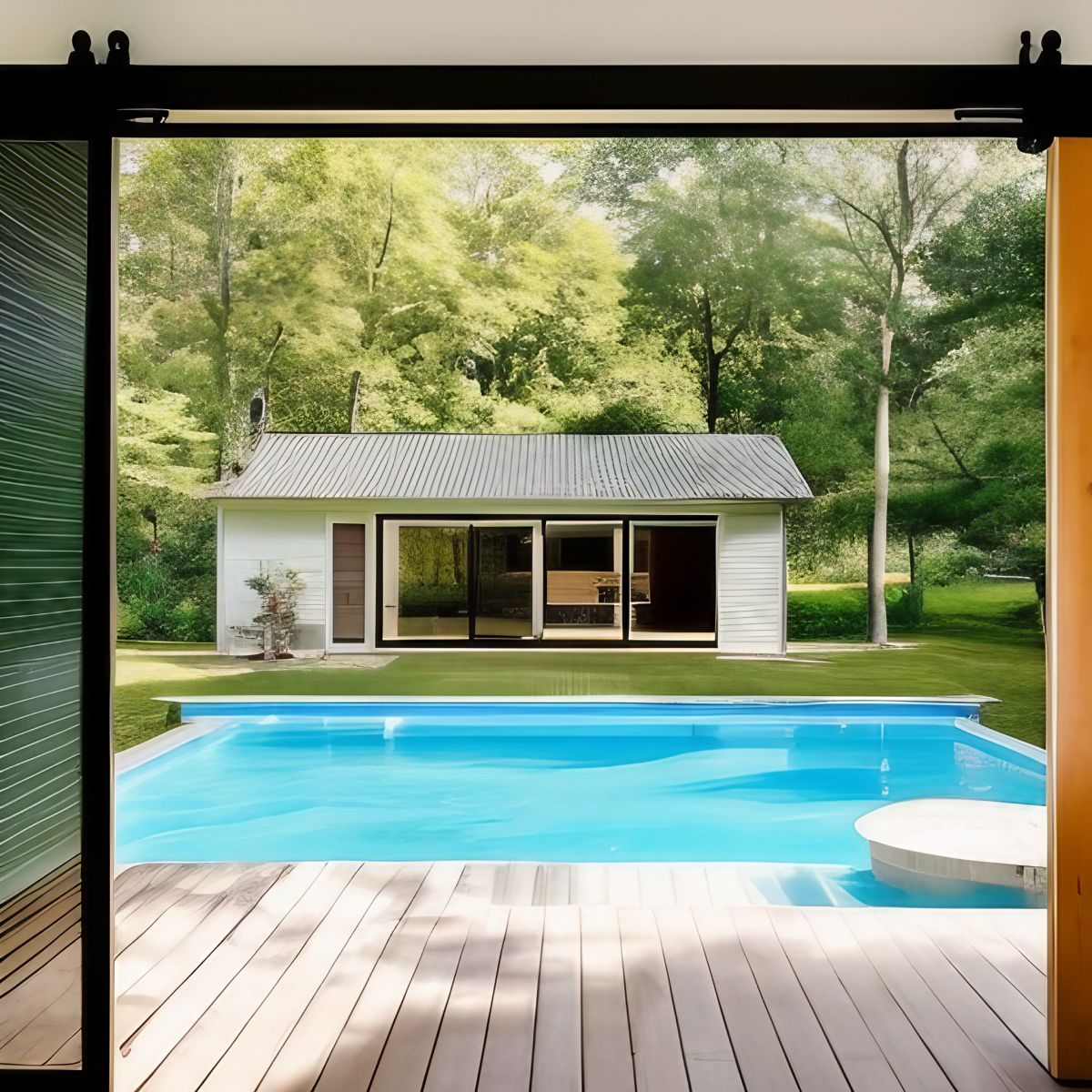 Sliding barn door opens up to swimming pool in backyard