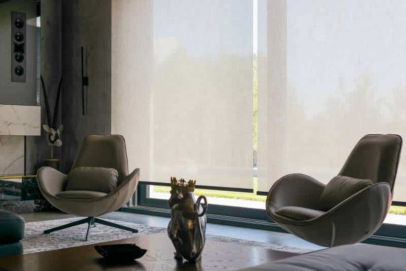modern living room with automatic roller blinds