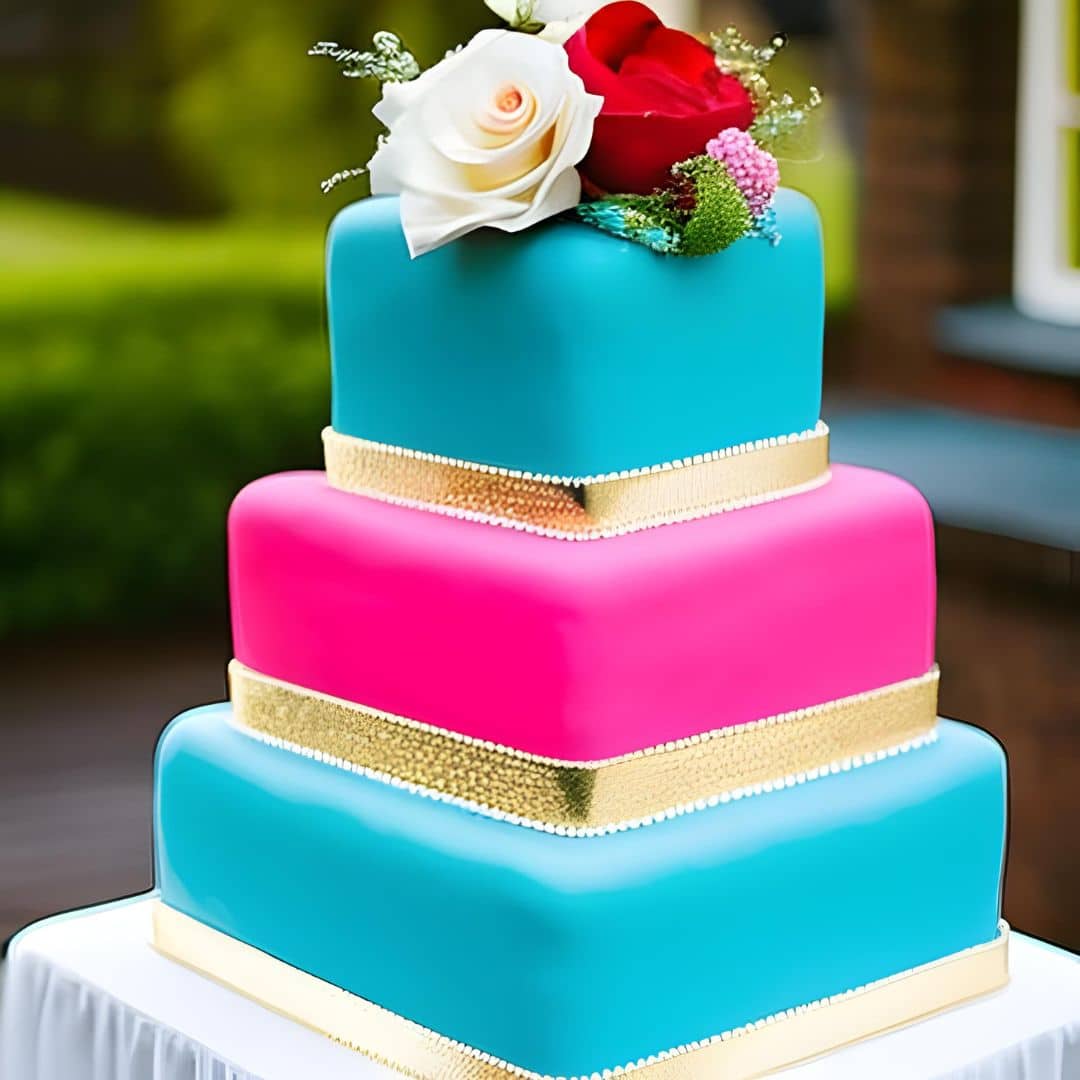 colourful square-shaped wedding cake
