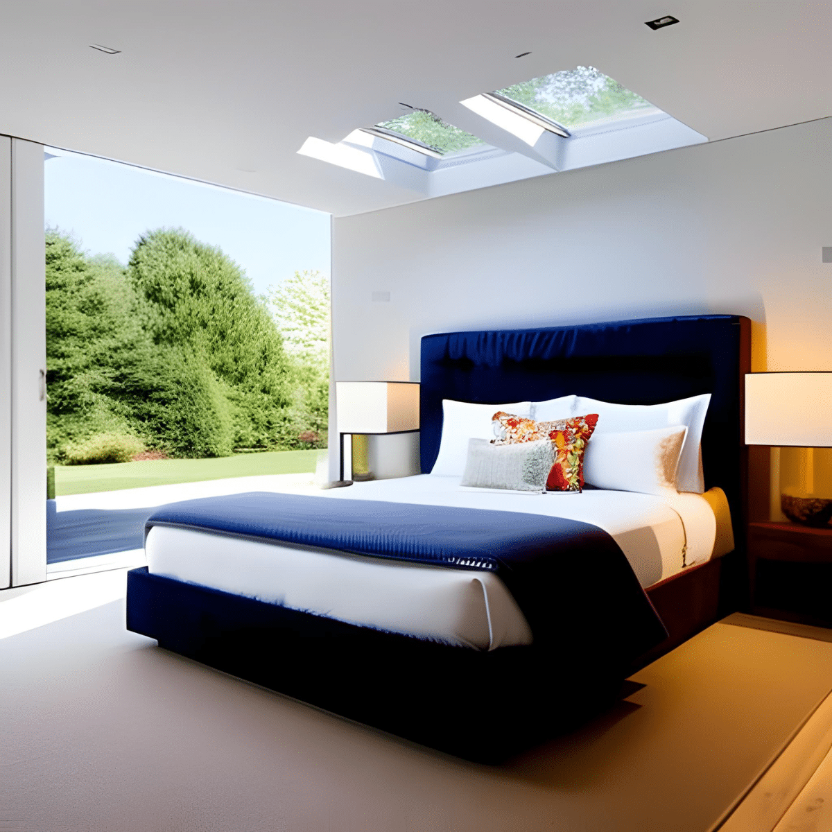 bedroom with a big window and a skylight directly above the bed