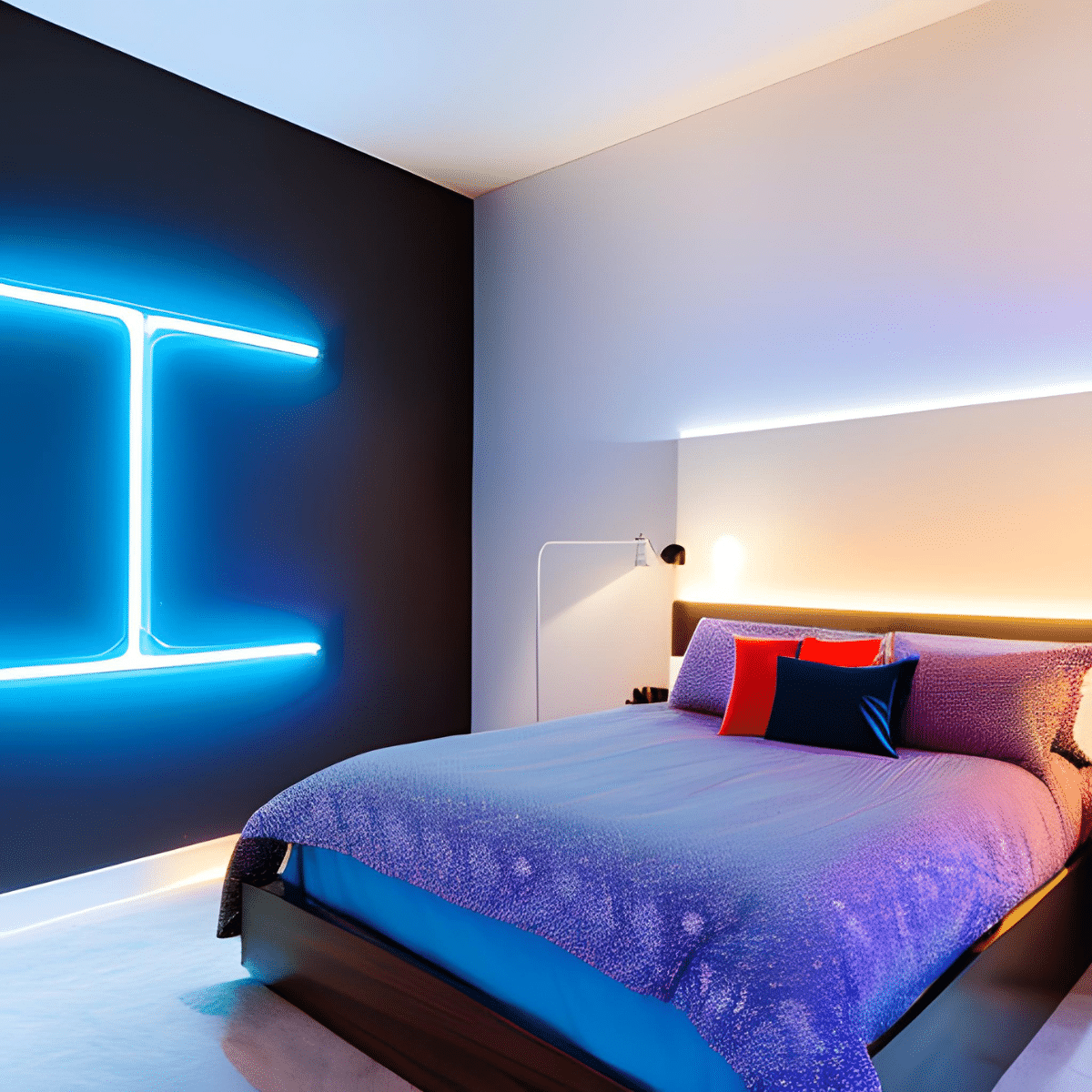 bedroom with a blue neon light feature beside the bed