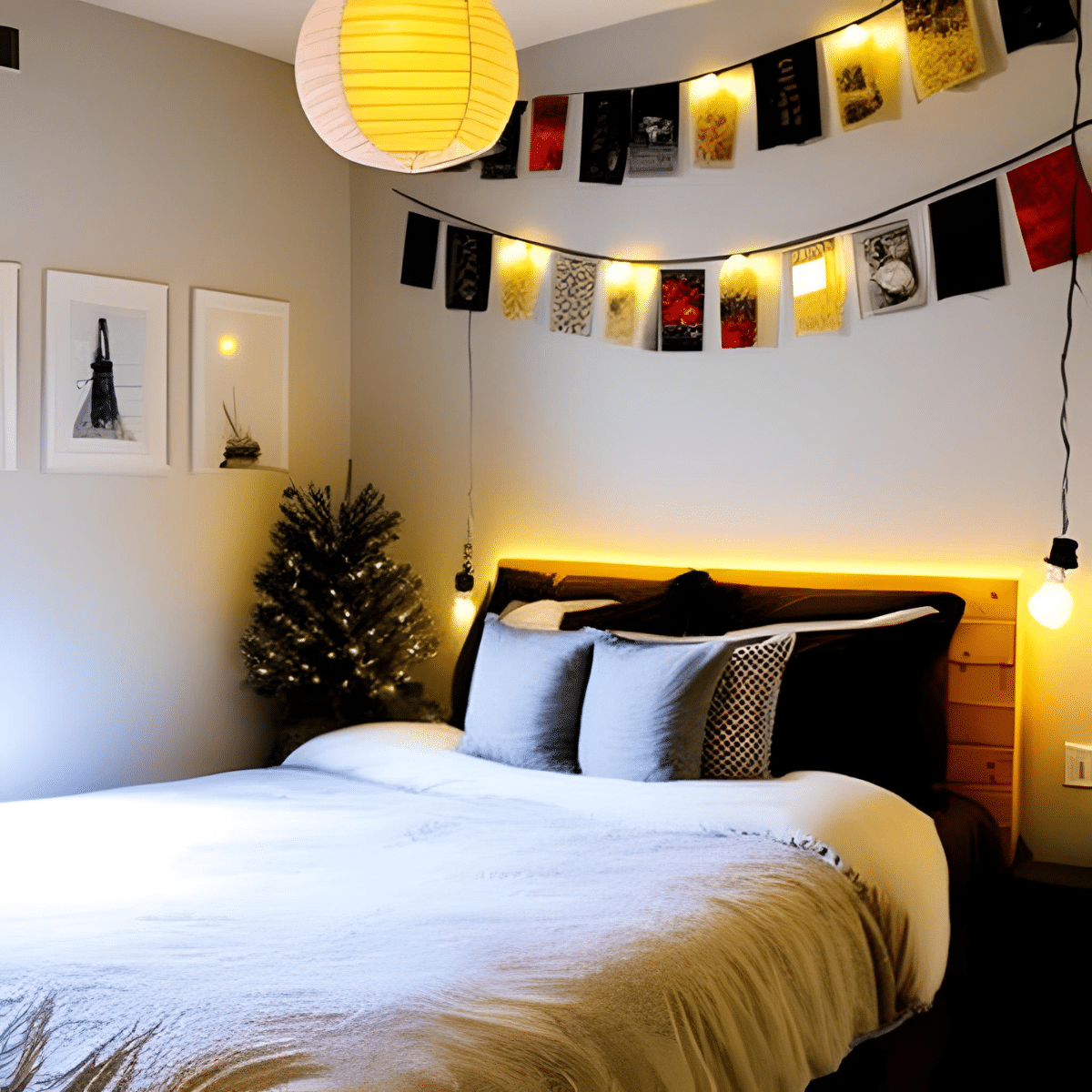 bedroom with photos attached to string lights hung on a wall