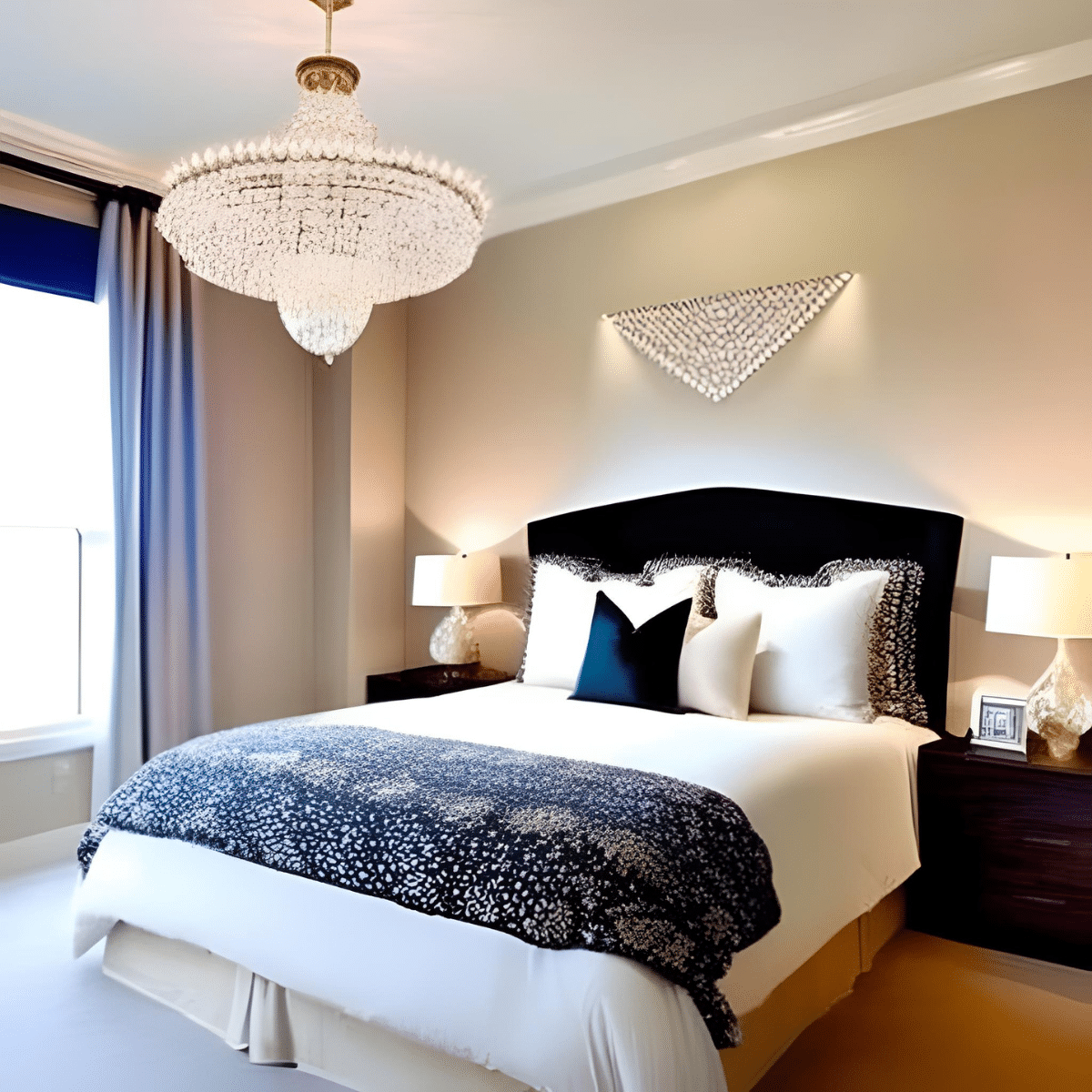 elegant bedroom with luxurious crystal chandelier