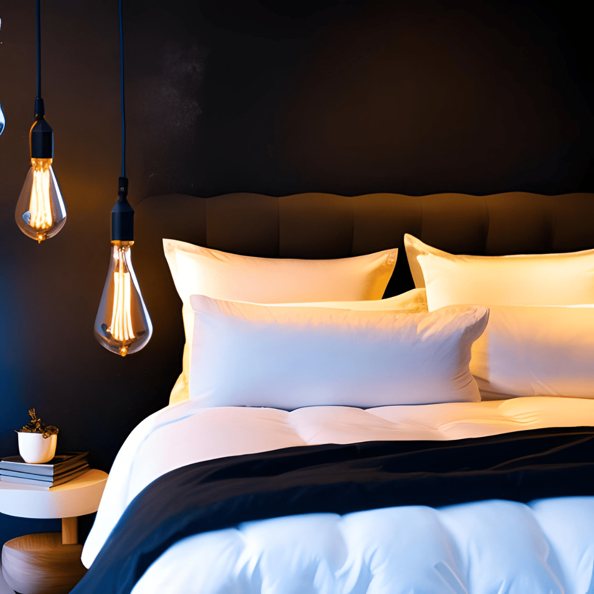 closeup of a bed with filament bulbs as hanging bedside lights