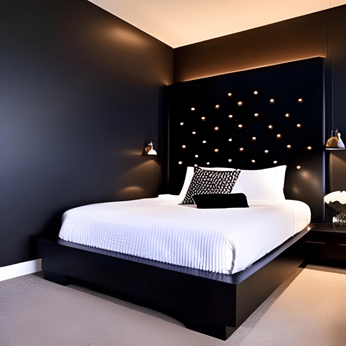 modern bedroom with dark walls and a backlit bed
