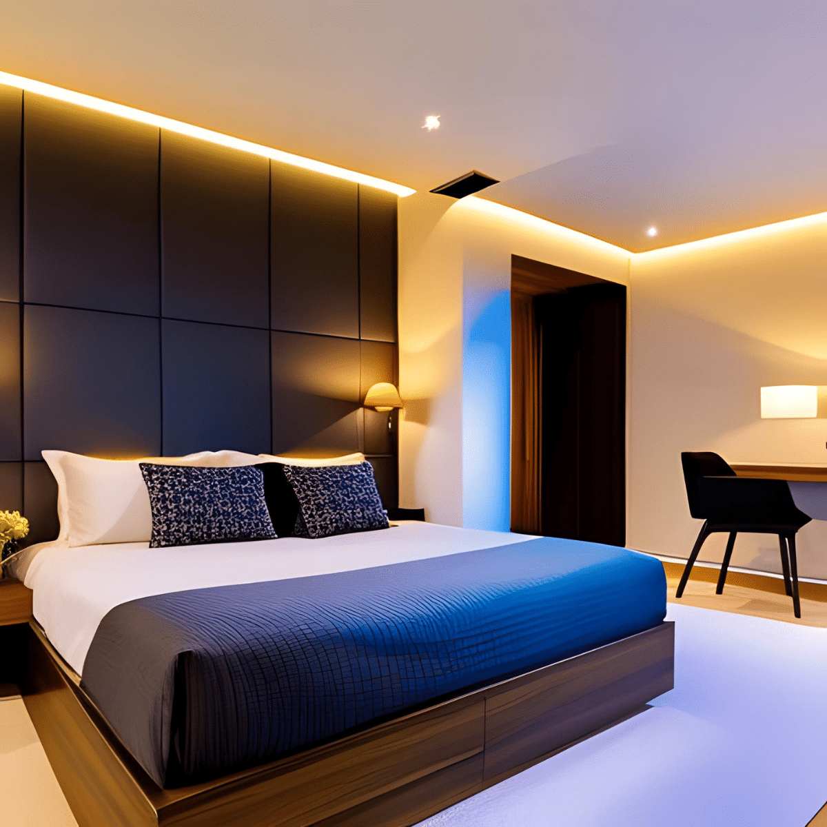 bedroom with a neatly made bed, wall lights, ceiling backlight, ceiling lights, and a bedside lamp