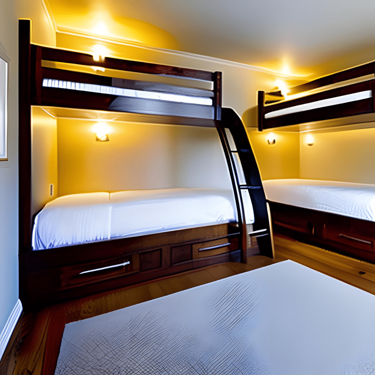 two bunk beds with wall lights installed in each bunk