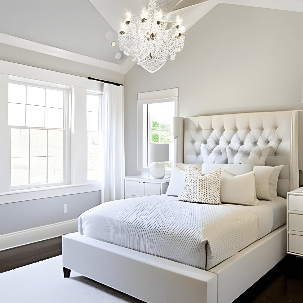 all-white bedroom with a small crystal chandelier and wide window