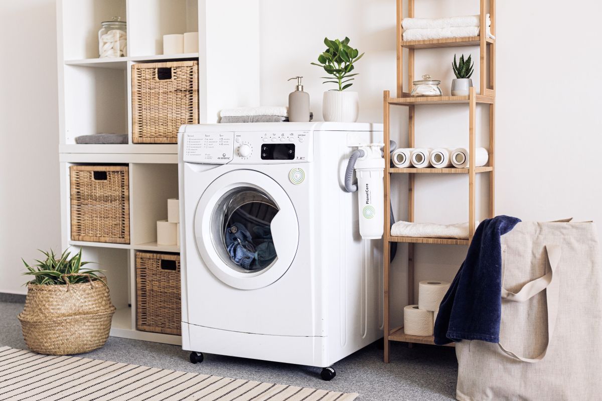 Well-fitting basket storage bins on shelf in the laundry room